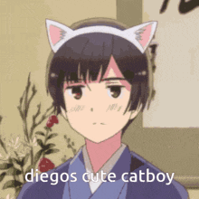 a boy with cat ears is wearing a headband that says diegos cute catboy .