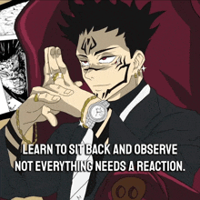 a man in a suit and tie with a watch on his wrist and a quote that says " learn to sit back and observe "