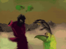 a painting of two monsters standing next to each other with mountains in the background
