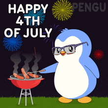 a penguin cooking hot dogs on a grill with the words happy 4th of july in the background