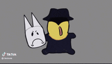 a cartoon character with a sad face next to another character with a black hat