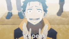 a cartoon character says it 's peak with his hands on his face