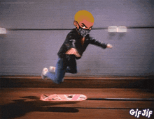 a gif of a person riding a skateboard with the words gif jif below them