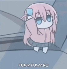 a cartoon of a girl with pink hair is standing in front of a mirror .