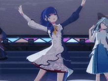 a girl with blue hair and a white dress is dancing