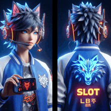 a person with headphones and a jacket that says slot