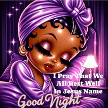 a cartoon of a girl in purple pajamas with the words " i pray that we all rest well in jesus name " at the bottom