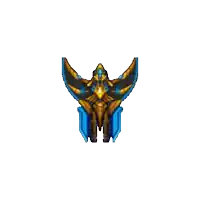 a pixel art of a gold and blue winged creature with a white background