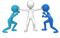 three blue and white stick figures are fighting with each other