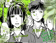 a black and white drawing of a boy and a girl with the word abha on the bottom left