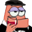 a cartoon character wearing a hat and glasses is holding a glass of red liquid .