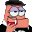 a cartoon character wearing a hat and glasses is holding a glass of red liquid .