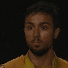 a man with a beard wearing a yellow shirt is making a funny face .