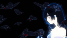 a girl with red eyes and black hair is surrounded by butterflies