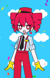 a cartoon drawing of a girl with red hair and a smiley face on her hat