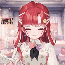a girl with red hair and white stripes is smiling in a room with a picture on the wall behind her .