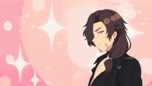 a drawing of a man with long hair and a choker has the letter h on his chest