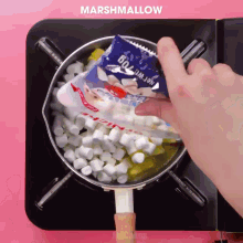 a person is pouring marshmallows into a pot on a stove