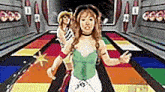 a woman is dancing on a colorful floor in a room .