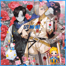 a couple of anime characters standing next to each other with the words let me hit above them