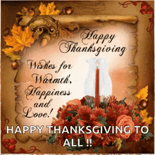 a happy thanksgiving message with a candle and flowers