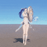 a girl with blue hair is holding a shield in her hand