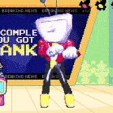 a cartoon character stands in front of a breaking news screen