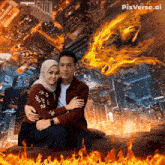 a man and a woman are posing for a picture with a fire dragon in the background and pixverse.ai written on the bottom