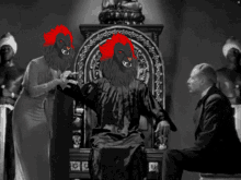 a man sitting on a throne with a red lion on his head