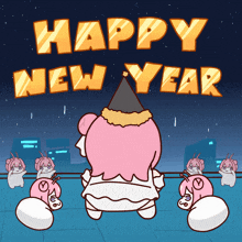 a happy new year greeting card with a cartoon character