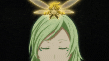 a girl with green hair has a fairy sitting on her head