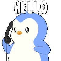 a blue and white penguin is talking on a phone and the words hello are above it