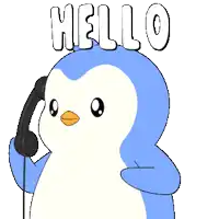 a blue and white penguin is talking on a phone and the words hello are above it