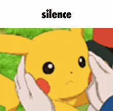 a person is petting a pikachu with the words `` silence '' written above it .