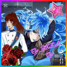 a picture of a girl and a boy with the words go axel go on it