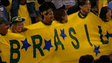 a group of people holding a banner that says brasil on it