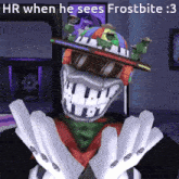 a cartoon character is wearing a colorful hat and goggles with the caption hr when he sees frostbite : 3