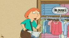 a cartoon woman is standing in front of a closet with a sign that says blouses
