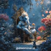 a painting of an elephant sitting on a throne surrounded by flowers with the words @dreamer.ai below it