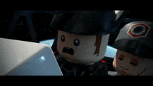 two lego figures are standing next to each other with one wearing a hat with a red circle on it