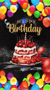 a birthday card with a cake with cherries and balloons