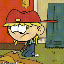 a cartoon character is kneeling down in front of a door .