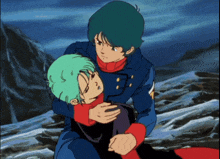 a man in a blue jacket is holding a girl with green hair in his arms