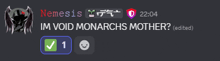 a screen shot of a discord conversation between nemesis and void monarchs mother