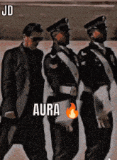 three men in suits and hats are walking in a line with aura written on the bottom of the image
