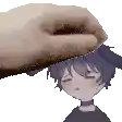 a hand is putting a piece of bread on top of a girl 's head .