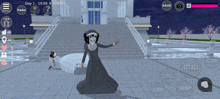a screenshot of a video game shows a nun standing in front of a white building