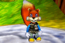 a cartoon squirrel is standing on a snowy surface
