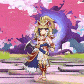 a girl in a samurai outfit is holding a sword in a video game