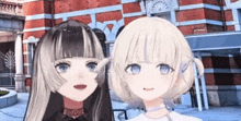 a couple of anime girls standing next to each other in front of a brick building .